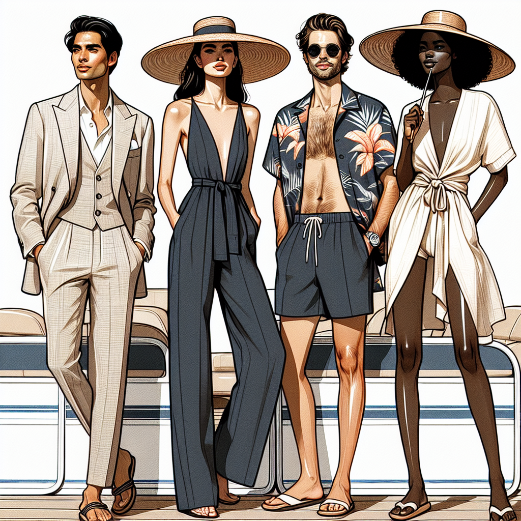 Stunning Outfits for Pontoon Boating: Effortless Style Illustration of four people of different descents and genders on a pontoon boat, sporting stylish summer outfits suitable for boating. A South Asian man is wearing a light linen suit with a straw hat. A Hispanic woman is decked in a chic navy-blue jumpsuit and a wide-brimmed hat. A Caucasian man is donning stylish swim trunks and a tropical-themed Hawaiian shirt. A Black woman is seen in a loose, lightweight summer dress with a sun hat, holding a parasol. The background makes evident they're on a lake and it is a bright, sunny day.