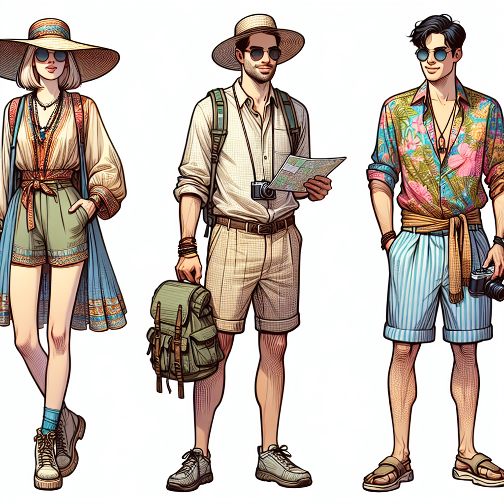 Discover Stunning Outfits for Tropical Adventures Illustration of three individuals with different descents – Caucasian, Middle Eastern, South Asian – respectively. They each possess a unique sense of style and are outfitted for an adventure in a tropical environment. The first one, a female, is wearing colorful, lightweight apparel, a wide-brimmed sunhat, and carrying a backpack. The second person, a male, is sporting a linen shirt, khaki shorts, and a pair of comfortable walking shoes. He's also wearing sunglasses and carrying a map. The third individual, also male, is dressed in an extravagant floral shirt, a pair of bermuda shorts, and casual slip-on shoes; he's holding a camera to capture the exciting moments of their adventure.