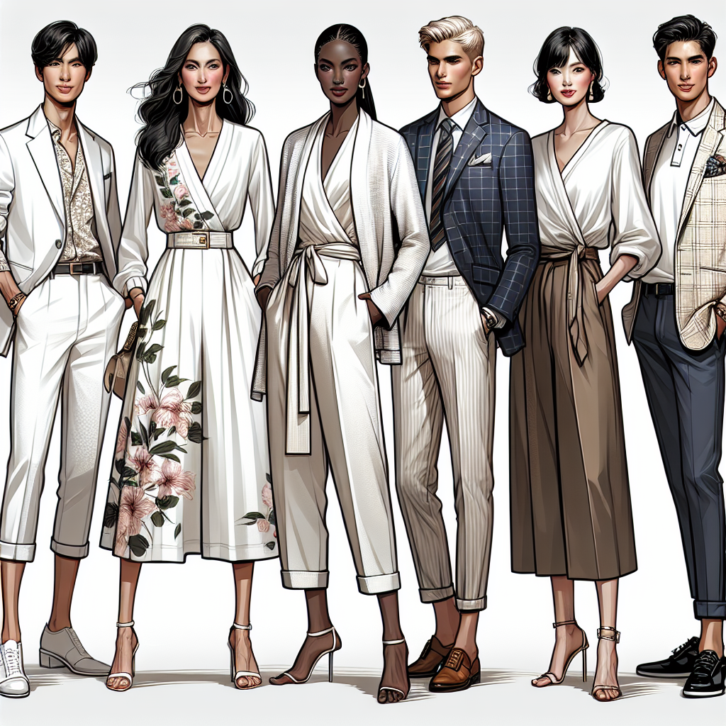 Stunning Outfits for Graduation Guests: What to Pair with White Jackets Depict an elegant, fashion-forward scene of a group of graduation guests. There should be six characters, dressed in stylish outfits that would be suitable for a graduation event. Each character is pairing a white jacket with their individual outfits. The first person is a middle-aged, Caucasian woman wearing a floral dress; the second person is a young, Black man in crisp pants and a well-fitted shirt; the third person is an older, Hispanic woman in a sophisticated jumpsuit; the fourth person is a young, Middle-Eastern man in a plaid suit; the fifth person is a mature, South Asian woman in a silk wrap dress; and the sixth person is a young, White man in a casual chinos and polo combination.