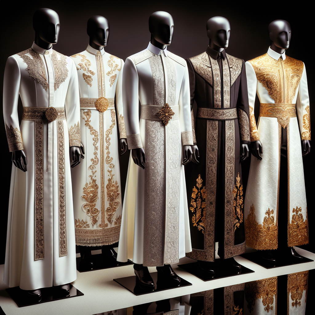 Stunning Outfits for Priest Ordination: Showcase Your Style A stunning display of various styles of attires suitable for a priest's ordination, adding elegance and class to the solemn occasion. Imagine a collection of four outfits on mannequins, each representing a different descent: Caucasian, Hispanic, Middle-Eastern, and Black. The clothes should reflect the traditional styles in their respective cultures, demonstrating the diversity and unity of the global religious community. The quality of the fabrics, intricate designs, and fine details such as embellishments should be highlighted, showcasing the beauty and significance of these attires.