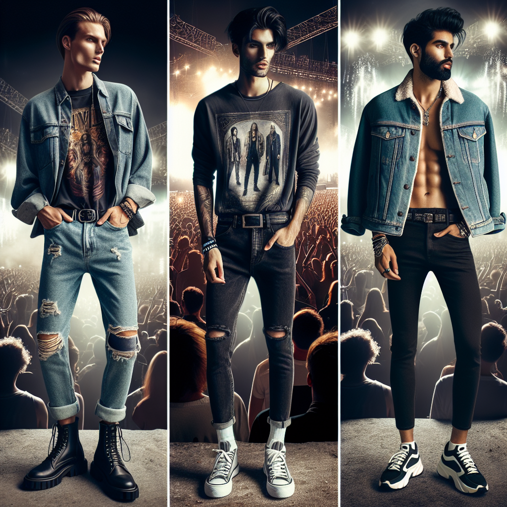 Ace Your Concert Look: Must-Have Men's Styles An aesthetic, high-quality image showcasing an array of must-have men's styles for flattering concert looks. Focus on two men; one is Caucasian with a trendy outfit including a distressed band tee, jeans, and leather boots, while his companion, a South Asian man, dons a fashionable look with a denim jacket, a graphic tee, black skinny jeans, and sporty sneakers. Include concert settlement in the background with throngs of people, enchanting lighting, and a stage with musical instruments.