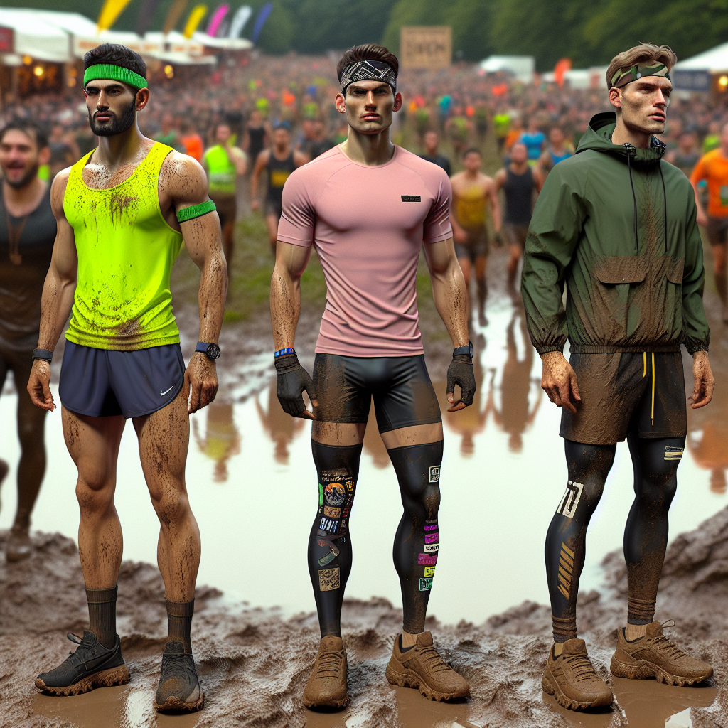 Imagine a bustling scene at a mud run event. There are three participants, each showcasing unique and stylish outfits optimized for comfort and agility. The first person is a Middle-Eastern male in a neon yellow tank top and sleek navy blue shorts, thick-necked running shoes, and a mud-splattered headband. The second person is a Hispanic female athletically clad in a pink breathable t-shirt, running leggings with assorted graphic designs, and sturdy brown trail shoes. Finally, a Caucasian man in his late thirties wearing a lightweight green windbreaker, black quick-dry capri tights and muddy trail running shoes, complete his outfit with a camouflaged bandana. The muddy pathway and the excitement of the crowd are in the background, giving the scene an energized atmosphere.