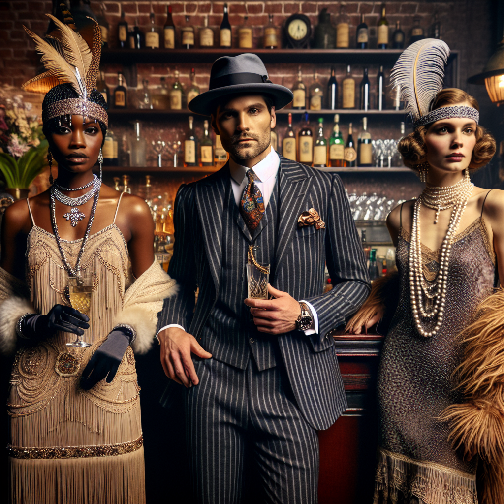 Imagine an exquisite scene set in a hidden speakeasy during the 1920s Prohibition Era. On display are three individuals demonstrating their impressive outfits. The first person, an African American lady, is adorned with a lavish flapper dress, ornate headband, and vibrant jewelry. Standing beside her is a Hispanic man in a finely tailored, pinstriped suit, paired with a stylish fedora and a vintage pocket watch. Finally, there's a Caucasian woman in a sophisticated, beaded slip dress, complemented by a delicate feather boa and intricate pearl necklaces. Each detail captures this era's unique fashion and clandestine elegance.
