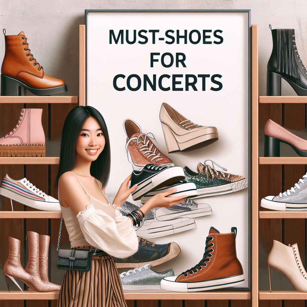 Must-Have Shoes for Concerts: Effortless Style Guide Visualize an array of trendy and comfortable shoes suitable for concerts. Depict a variety of styles like boots, sneakers, and flats being displayed on wooden shelves, each reflecting a unique concert-ready aesthetic. They should include different textures and patterns such as leather, suede, metallic, and animal prints. A clean, bright, and modern background is to be seen. At the foreground, show a chic and fashionable East Asian woman, with a warm smile, examining a pair of the trendy sneakers. Dress her up in a stylish and casual outfit appropriate for a concert. Include a title text reading: 'Must-Have Shoes for Concerts: Effortless Style Guide'.