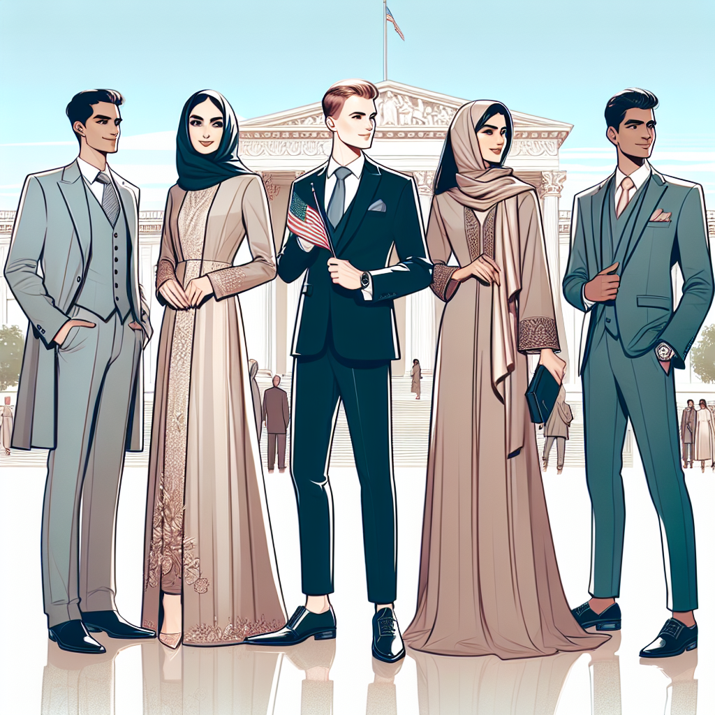 Stunning Outfits for Citizenship Ceremonies: Effortless Style Illustrate an array of elegant outfits suitable for a citizenship ceremony. Depict individuals of varied descents such as a Hispanic woman in a tastefully grand dress, a Caucasian man in a sharp tailored suit, a Middle-Eastern woman in a modern and chic ensemble, and a South Asian man in a traditional yet modern outfit. Capture these individuals in joy and pride, standing under a blue sky and near a symbolic building, possibly a government institution, each holding a small flag of their new country.
