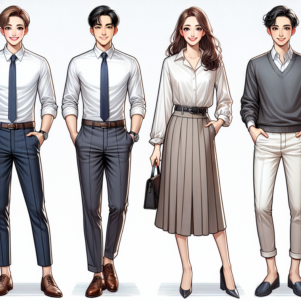 Must-Have Interview Attire: Best Teacher Outfits Generate an image display of best interview attire suitable for individuals aspiring to be teachers. Picture a young South Asian man wearing a crisp, button-up shirt paired with dark, professional slacks and leather shoes. Beside him, visualize a Caucasian woman in a refined blouse, A-line skirt, and matching heels. Additionally, include a Middle-Eastern individual presenting a smart-casual look consisting of a stylish sweater over a collared shirt with chinos and comfortable flat shoes. These individuals should display confident smiles, indicating their readiness for the teaching interview. The background should be a modern, minimalist setting to keep the focus on their attire.