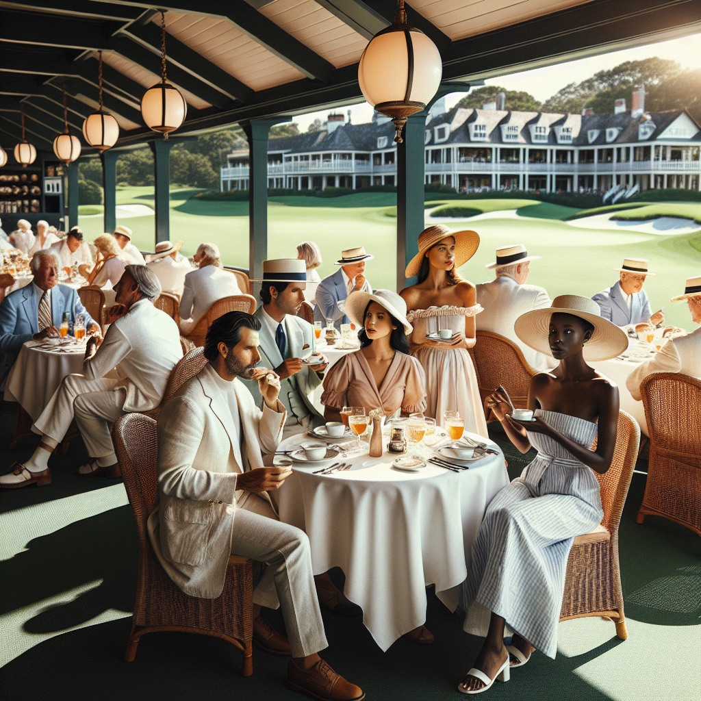 Effortless Outfits for Your Next Country Club Luncheon Imagine a bustling classic country club luncheon. The atmosphere is filled with chatter and clinking of utensils against porcelain plates. The scene presents stylish people partaking in the event; a Middle-Eastern man is dressed in a light beige linen suit, a Hispanic woman wearing a pastel sundress with floppy sunhat, a South Asian man in a white polo and tailored khaki pants, and a Black woman elegantly dressed in a white and navy striped jumpsuit. In the backdrop, beautiful green golf course brightened by midday sun and a tastefully decorated dining area featuring round wooden tables covered with pristine white tablecloths.
