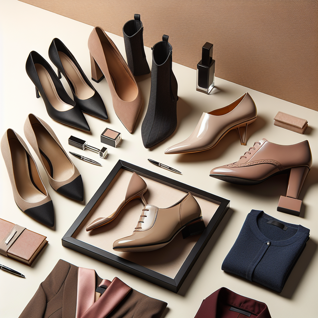Elegant Interview Shoes Every Woman Must-Have Display a wide range of elegant shoes suitable for interviews that every woman must have. Include a variety of different styles, material, and colors. In the image, visualize a sleek black pump, a classy nude flat, a chic maroon ankle boot, and a sophisticated navy blue loafer. Each shoe should reflect qualities of elegance, professionalism, comfort, and versatility. The background should be subtle and complementary to the shoes, perhaps a soft, neutral color. Keep the focus on the footwear so detailing of each shoe is essential.