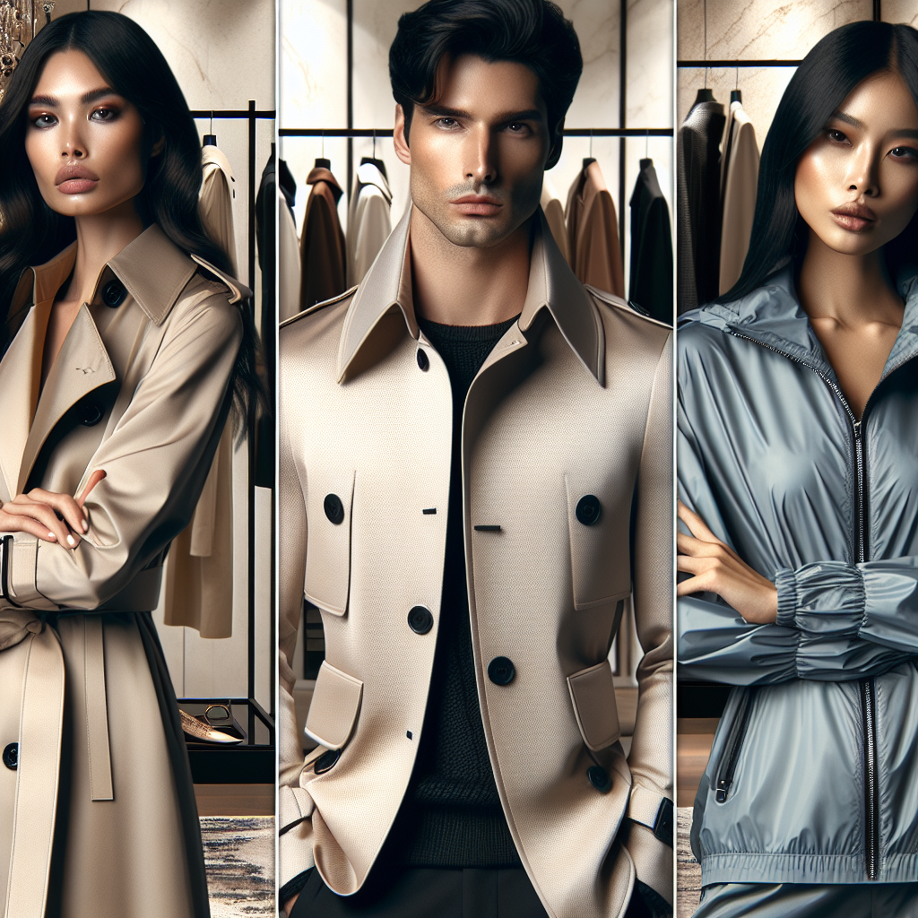 Stunning Work Rainwear: Effortless, Chic Choices A chic and stunning rainwear collection displayed in a high-end fashion boutique. The image should feature three types of rainwear - a sophisticated trench coat worn by a Hispanic woman, a classic rain jacket worn by a Middle Eastern man, and a modern waterproof windbreaker styled by a South Asian woman. Each individual has a confident and effortless manner, expressing the functionality and fashion of these choices. Background elements include sleek display racks and a soft, overcast light simulating a rainy day ambiance. Pay attention to the texture, colors, and patterns of each rainwear to highlight their uniqueness and elegance.