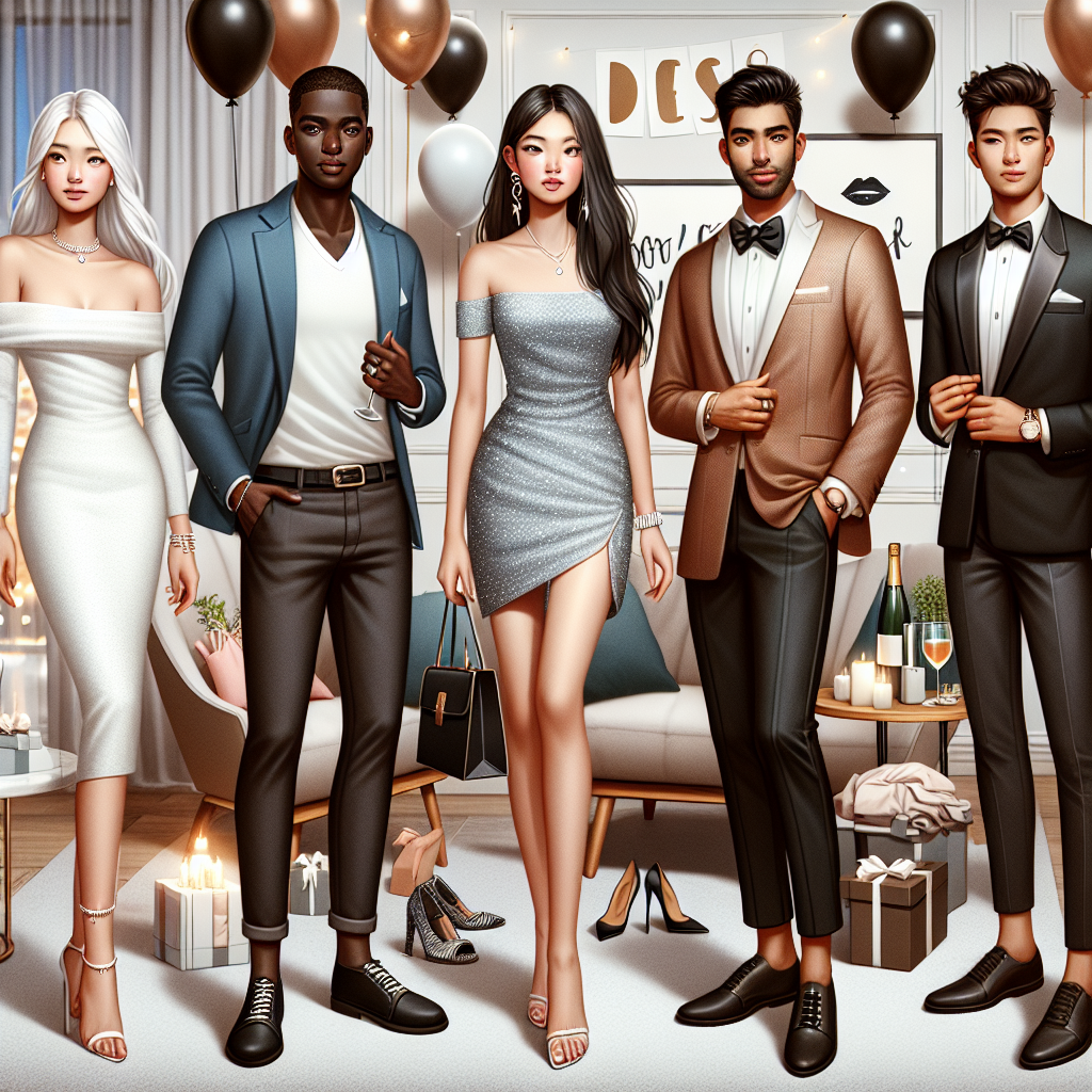 Must-Have Looks for a Proposal Party: What to Wear Create an image showcasing a diverse range of people preparing for a proposal party, sporting must-have looks. Include an East Asian woman wearing a sophisticated cocktail dress, a Black man donning a smart-casual blazer with chinos, a Hispanic male in a contemporary tuxedo, and a White female wearing a fashionable jumpsuit. Add accessories to complete their looks such as shoes, jewelry, or handbags. The setting is a stylish room filled with balloons and celebratory decorations, with a sense of anticipation and excitement for the upcoming proposal.