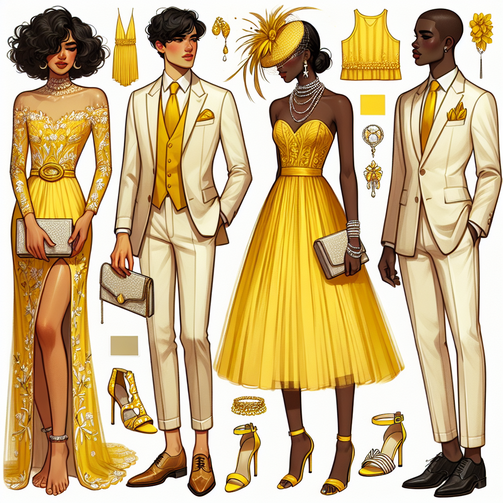 Stunning Outfits with a Yellow Dress for Weddings A collection of remarkable outfits focused on a yellow dress designed for weddings. Visualize the first outfit with a Middle Eastern woman in a brilliantly embroidered yellow maxi dress, paired with a delicate silver clutch and intricately designed strappy heels. In the second, envision a Hispanic man in a tailored cream suit with a vibrant yellow pocket square and tie, accompanied by polished brown brogues. Lastly, depict a black woman donning a short, playful yellow cocktail dress with a feathered fascinator, elegant gloves, and pearl accessories, completing her outfit with high-heeled sandals.