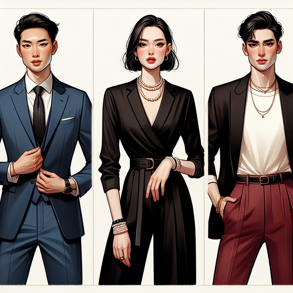 Create an engaging image depicting three distinct must-have interview outfits that exemplify effortless style. The first is worn by an Asian male in his 30s in a sharp blue suit with a crisp white shirt, and a matching tie. The second outfit is displayed by a White female in her early 20s wearing a sophisticated black dress paired with classic pearl accessories. The third outfit illustrates a Middle-Eastern non-binary person in their 40s sporting a trendy and professional-looking ensemble of a rich red blazer, high-waisted black pants, and a simple yet stylish gold necklace. All three individuals are shown in confident, relaxed postures, evoking the perfect balance of professionalism and effortless style.