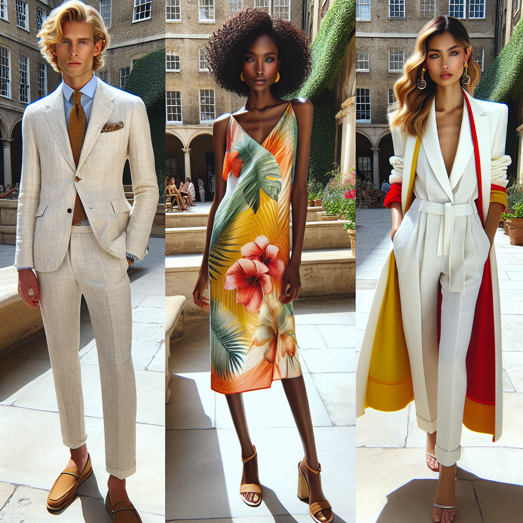 Stunning Summer Interview Outfits: Effortless Style! Imagine a beautiful sunny courtyard where three individuals are standing, each donned in stunning summer outfits suitable for interviews. On the left, a blond Caucasian man is dressed in a light-colored linen suit, paired with tan loafers and a relaxed tie. In the middle, a Black woman with her hair in a stylish updo, is wearing a vibrant dress of tropical print, blended with a structured blazer and wedge heels. On the right, a South Asian woman with caramel highlights in her hair has on a cool white jumpsuit accompanied with a contrasting bright overcoat and elegant stilettos. Their style embodies the perfect balance between professionalism and the laid-back spirit of summer.
