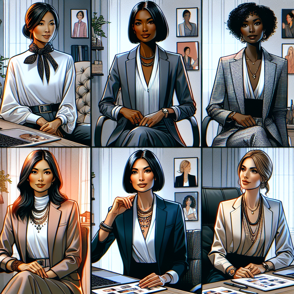 Stunning Zoom Interview Outfits for Women: Find Your Fit! A detailed and vivid image showcasing a variety of stylish and fitting Zoom interview outfits for women. Include scenarios with an Asian woman wearing a neat, business formal attire with a chic blazer and a white blouse, a Black woman wearing a sophisticated business casual top with a patterned scarf, a Caucasian woman wearing a professional-looking monochrome top with a statement necklace. They are in their home offices, lit well with soft lighting, sitting confident but relaxed, their individual styles shining through their chosen outfits. Highlight the tailored clothes, tasteful accessories, and the overall professional yet comfortable appearance.