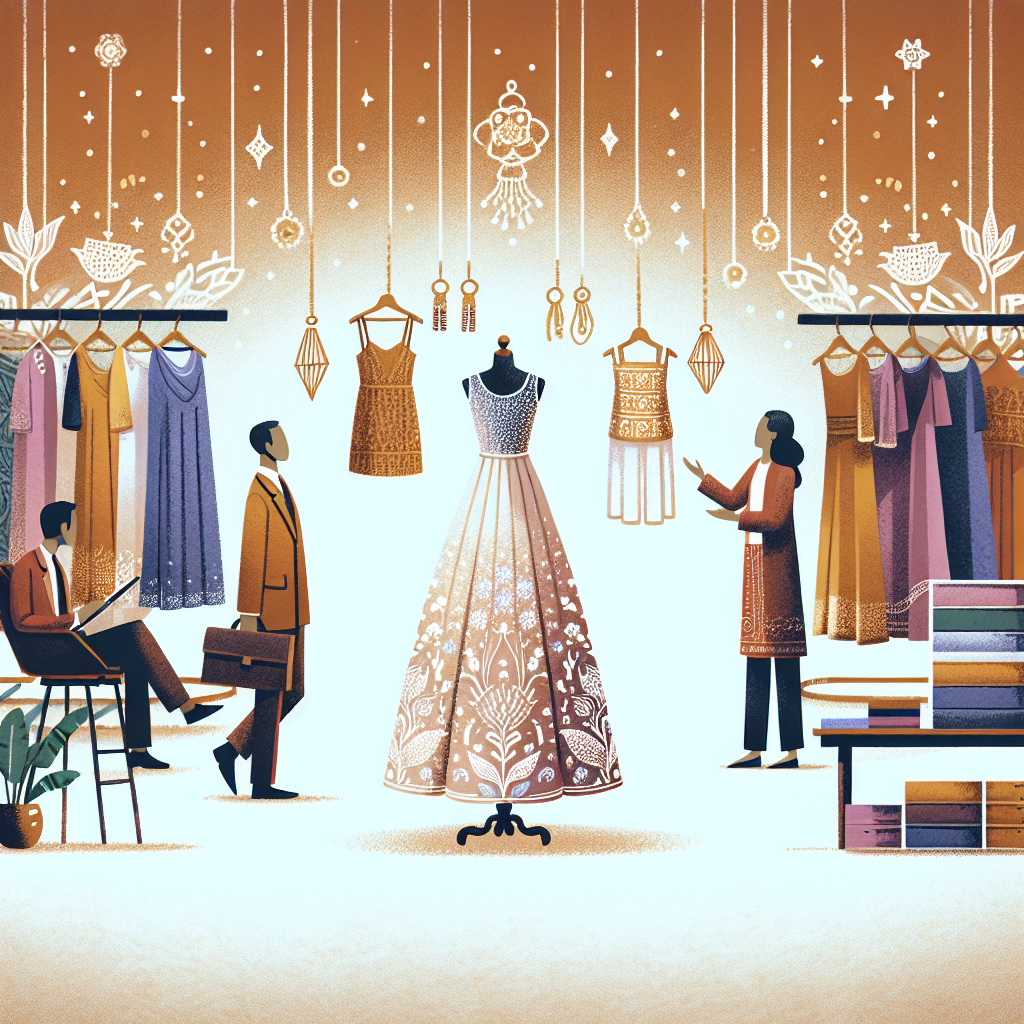 Visualize a scene depicting the essence of fashion and comfort. Display a variety of backless dresses hanging elegantly on racks in a boutique. In the foreground, place a selection of straps and adhesive bras designed to be worn with these dresses. Showcase various dress designs and bra options to cater to different body types, making sure to include an array of colors and sizes. Also include a Caucasian female shopper, a Hispanic boutique owner assisting her, and a South Asian style consultant suggesting fittings. Make sure the scene suggests their shared enthusiasm for rediscovering the fundamentals of backless dress fashion.