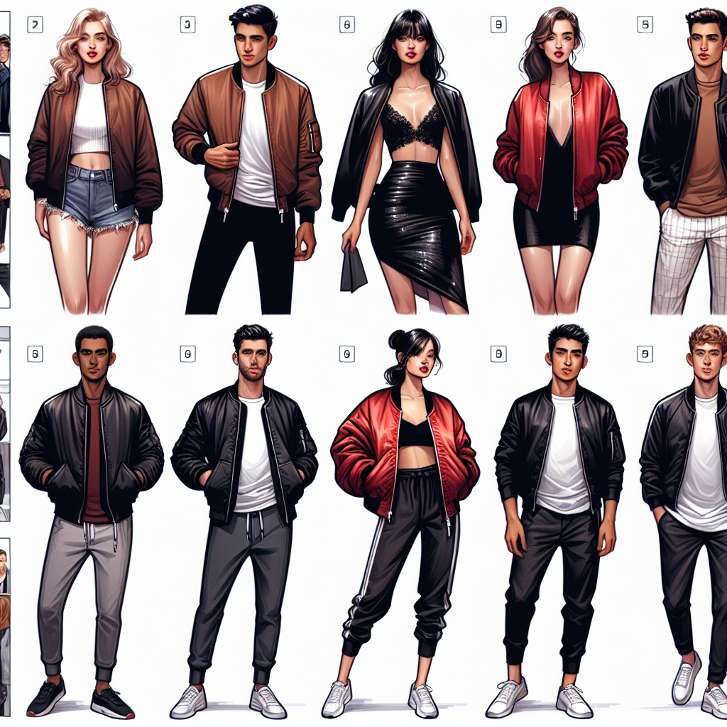Exclusive Guide: Best Outfits Under Bomber Jackets An illustrated style guide demonstrating ideal attire to wear beneath a range of bomber jackets. This includes a variety of fashionable options from a casual denim and white t-shirt ensemble paired with a brown bomber jacket worn by a South Asian male, to a chic little black dress paired with a shiny satin bomber jacket worn by a Caucasian female. Another scene displays a Hispanic woman adorning a sporty look with a jogger and crop top combination, complemented by a bold, red bomber jacket. Lastly, a Middle-Eastern man can be seen in a monochrome outfit with dark gray jeans and matching t-shirt under a black bomber jacket.