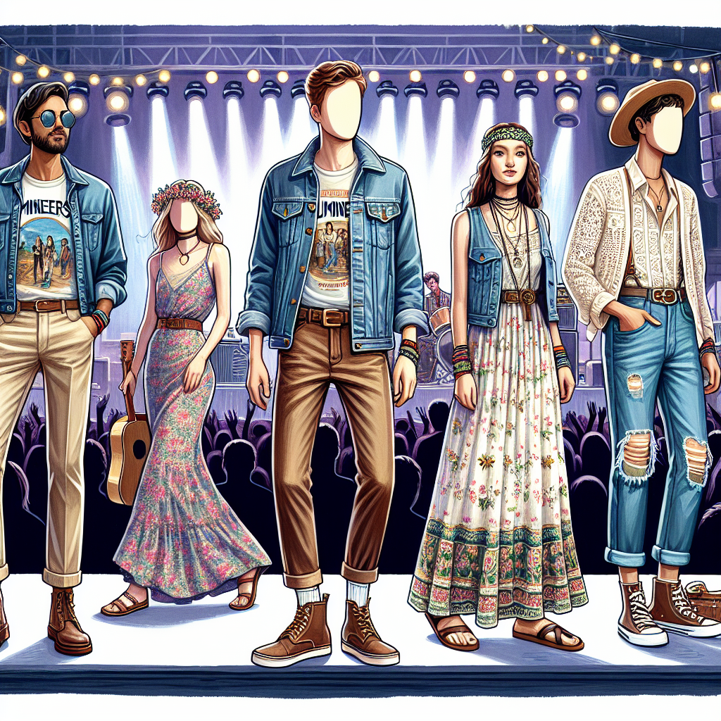 Stunning Outfits for The Lumineers Concert: Must-See Styles Paint a vibrant scene of a music concert featuring The Lumineers. Display a diverse array of people in their stylish attire. Show a South Asian man wearing a slim fit denim jacket over a printed band t-shirt, a pair of khaki chinos, and brown leather boots. Next to him, a Caucasian woman dons a bohemian flowered maxi dress, a denim vest, and strappy leather sandals. Also, depict a Black woman in high-waist ripped jeans, a white lace crop top, and chuck taylor shoes. Fill the scene with concert-themed elements like stage, lights, and musical instruments.