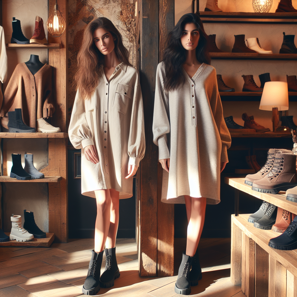 Must-Have Tips: Best Shoes for Winter Shirt Dresses A scene of two women with contrasting descents, one Caucasian and one South Asian, standing in a cozy, well-lit boutique. Both women are wearing stylish winter shirt dresses, with long sleeves and a relaxed, yet elegant design. Their outfits are completed by a pair of boots, specifically designed for the winter season, highlighting their functionality and trendiness. The image also shows a variety of must-have winter shoes displayed on rustic wooden shelves. The ambience of the scene exudes warmth, mirroring the cozy feelings associated with wintertime fashion.