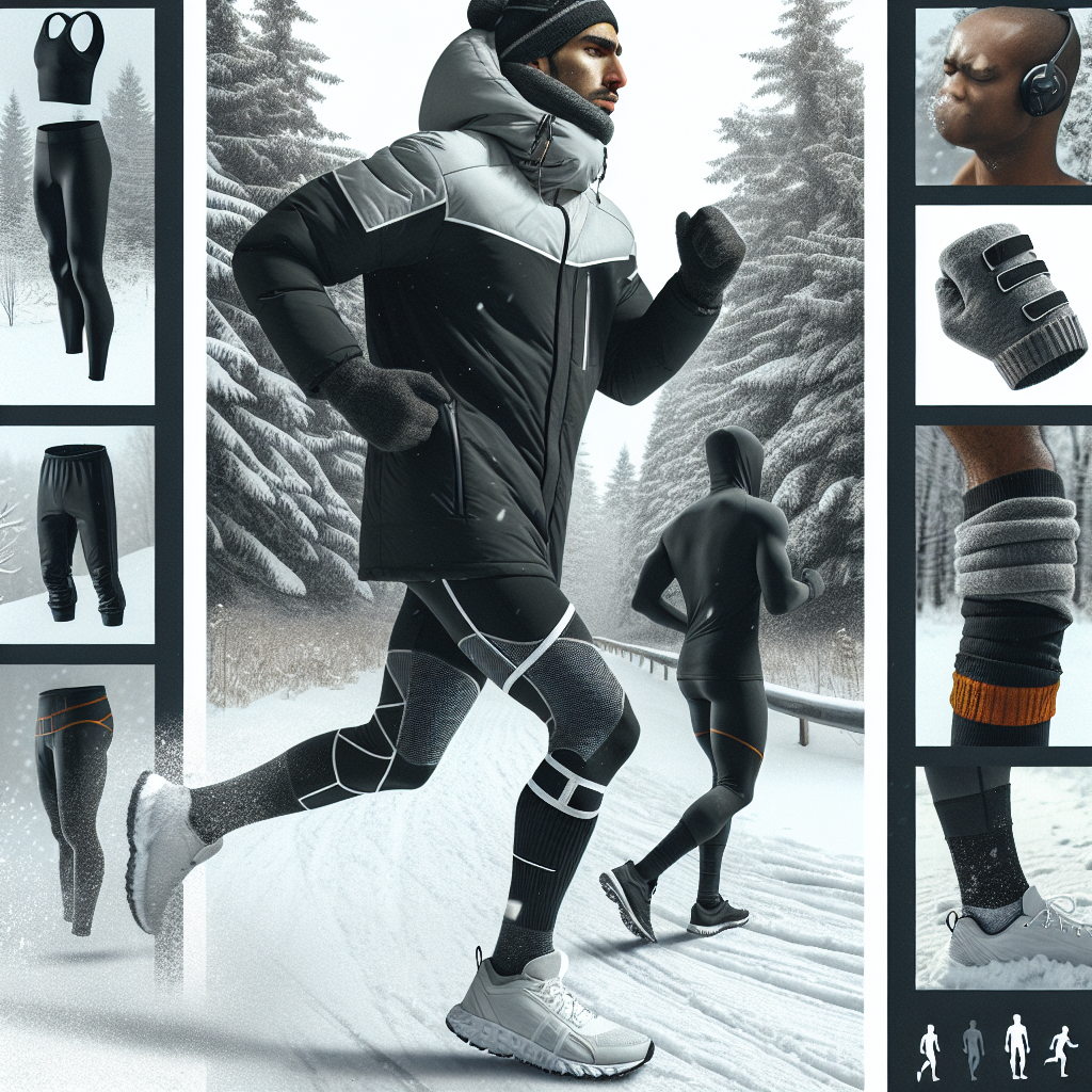 Must-Have Tips: What to Wear for a Winter Run Visual concept for a comprehensive guide about winter running attire. Image to include an adult South Asian male dressed warmly in high-tech running gear such as thermal leggings, a parka designed for running, a headband covering his ears, and a pair of insulated running shoes. His breath is visible in the chilly air as he jogs briskly along a snowy forest track, his white running shoes crunching on the freshly fallen snow. An African descent female runner is also pictured, dressed in similar gear, warming up by stretching her muscles before her run.