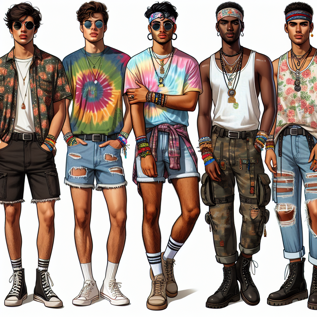 A visual guide to must-have festival outfits for guys, showcasing effortless style. In the center, a young Middle-Eastern man is looking confident in a tie-dye T-shirt, distressed denim shorts, and classic white sneakers. To the left, a South Asian man is sporting a colorful Hawaiian shirt, ripped jeans, and strappy sandals. On the right, a Black man styles a tank top with tribal prints, cargo pants, and combat boots. Each individual is accessorizing with sunglasses, layered necklaces, wristbands, and caps, embodying the spirit of music festivals.
