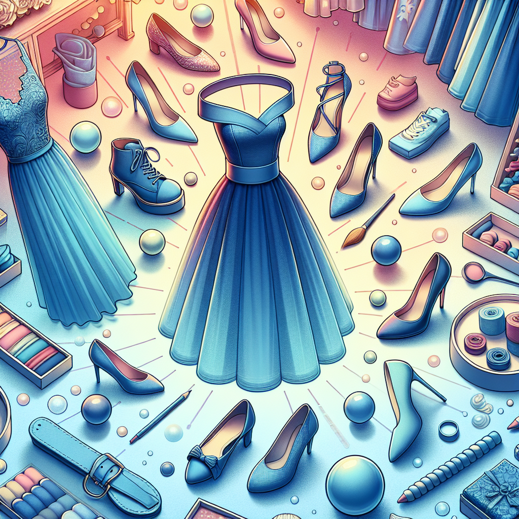 Best Shoes for Blue Dresses: Find Your Stunning Match! Design an enlightening visual for a fashion article. Captivate the viewer's attention with a vibrantly coloured scene. In the centre, display various stylish footwear options perfectly suitable for blue dresses. Showcase a range of colours and styles: high heels, ballet flats, and ankle boots. Viewers should feel the excitement as they look at this collection imagining it as a perfect match with their blue dress. The surroundings can subtly hint towards a feminine aesthetic, with soft lighting and delicate textures to enhance the appeal. Make sure the theme remains style-savvy and inclusive.