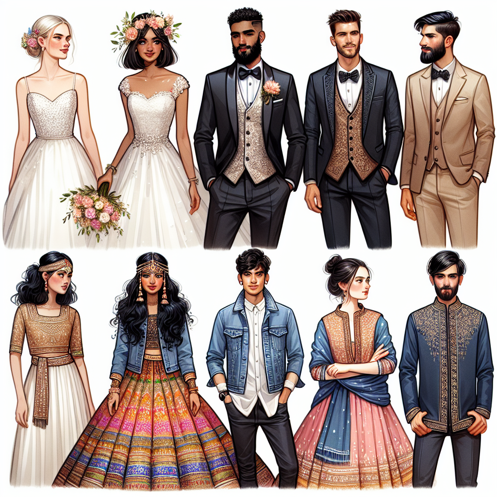Create a variety of stylish wedding outfits incorporating jean vests. Imagine a Caucasian bride adorning her white gown with a folded-sleeve jean vest, flowers interwoven in her blonde hair. Visualize a Black groom pairing his sleek black tuxedo with a dark-washed jean vest, his short curls perfected with a touch of elegance. Imagine a South Asian bridesmaid in colorful lehenga, paired with a light-washed, embroidered jean vest, her thick black hair tied in a traditional braid. Lastly, depict a Middle-Eastern groomsman in a beige suit contrasting with a stone-washed jean vest, his beard neatly groomed.