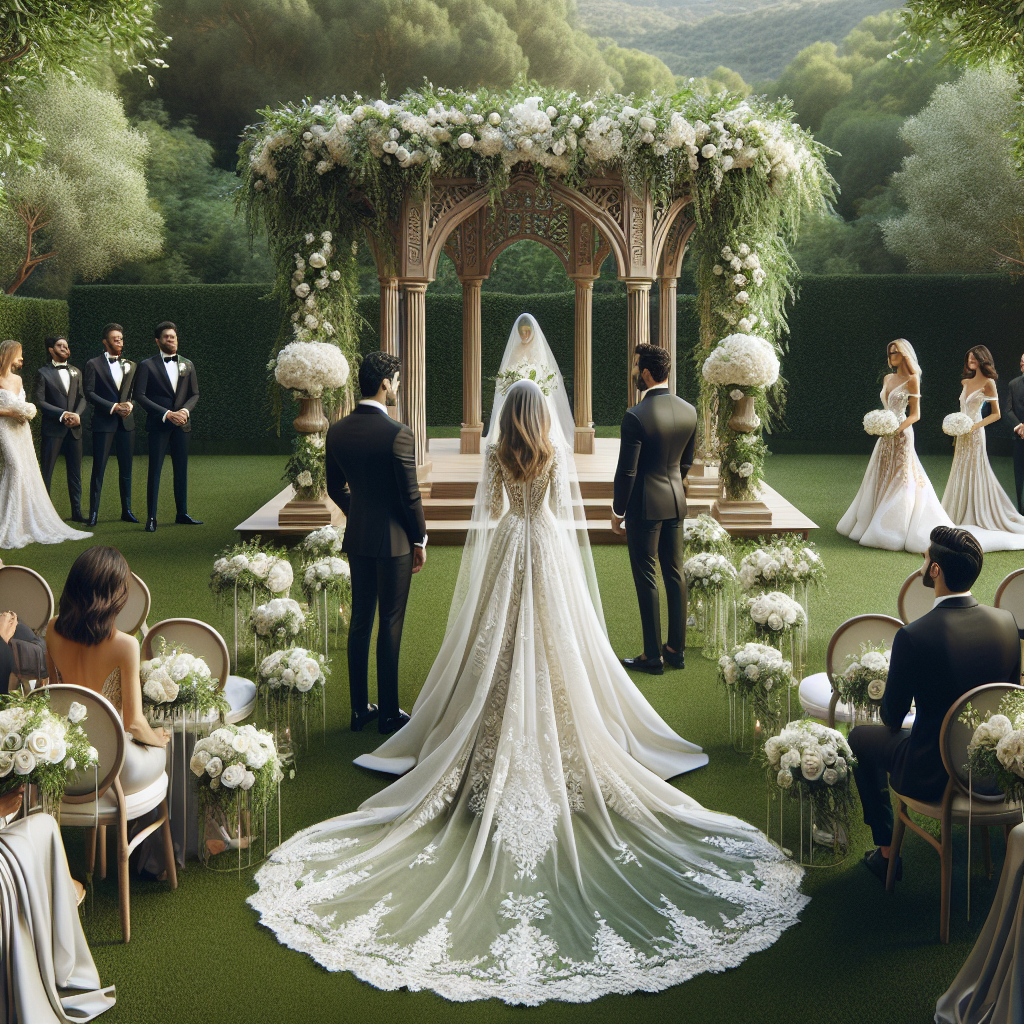 Must-Have Styles for Formal Outdoor Weddings Imagine a serene outdoor setting designed for a formal wedding. In the center, a wooden altar decorated with elegant white flowers and green vines stands, surrounded by rows of pristine white chairs against a lush, verdant backdrop. A Middle-Eastern groom in a tailored black tuxedo awaits at the altar, a sentimental smile on his face. A few meters away, a bride of Hispanic descent, in a flowing white satin gown embellished with intricate lace patterns, adjusting her lace-edged veil while holding a bouquet of white roses. Over to the side, wedding guests, men in chic dark suits and women in various stylish, formal dresses of different descent mingle, laughter and chitchat fill the air.