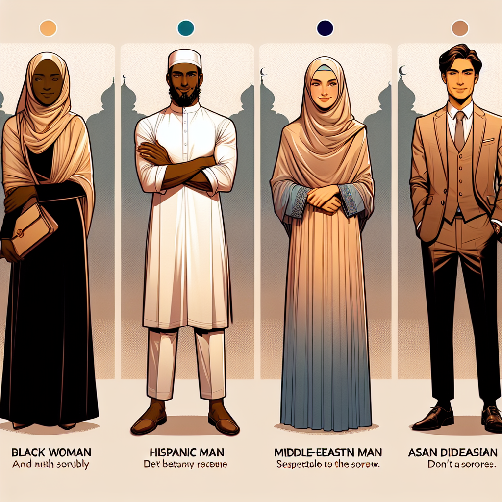 Stunning Outfits for Muslim Funerals: Effortless Elegance This image is to illustrate the concept of elegant and respectful attire suitable for Muslim funerals. Depict four individuals of varying genders and descents: a black woman, a Hispanic man, a Middle-Eastern woman, and an Asian man. Their age should range from youthful to elderly. Each individual should be elegantly dressed in traditional Muslim funeral attire which is usually modest and simple. They could be wearing attires such as kurtas, hijabs, and other accessories respectful to the occasion. Don't display any sorrow but let the attention be mainly on the outfits. Use soft, solemn colours and maintain an atmosphere of reverence.