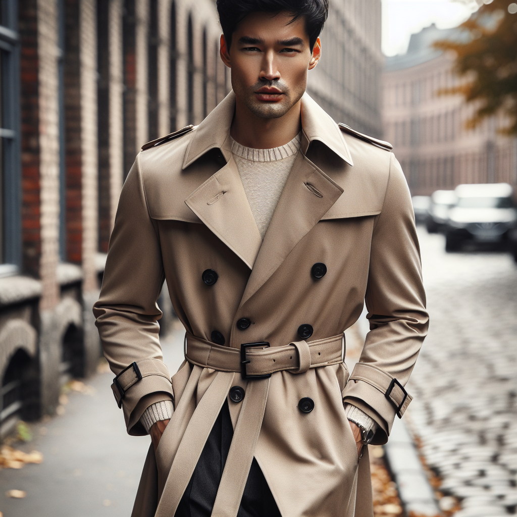Stunning Men's Trench Coats: Effortless Style Tips Visualize a well-dressed man, possibly of South Asian descent, modeling a stylish men's trench coat on a cool autumn day in a cityscape. The trench coat is a classic beige, falling to his knees, with a broad collar, double-breasted buttons, and a tight belt cinching at the waist. He displays an aura of effortless style, his hands tucked into the roomy pockets of the coat. His short, well-styled black hair is slightly ruffled by the wind. Expression of confidence and sophistication on his face as he walks down the cobblestone streets surrounded by old brick buildings.