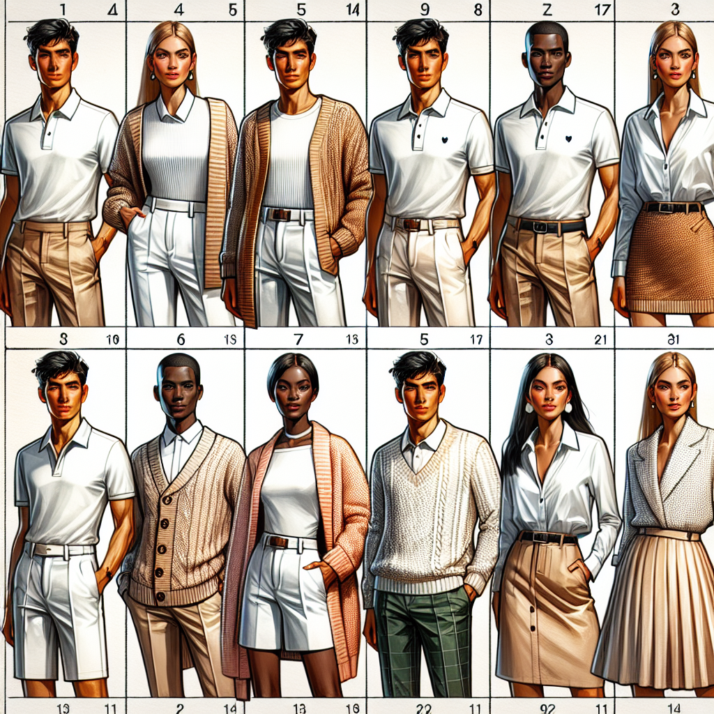 Dress Up Your White Polo: Must-Have Styling Tips Create a detailed and colorful scene featuring a variety of fashionable styling suggestions for a white polo shirt. Include options for different seasons such as adding a warm knitted cardigan for cooler weather, pairing with a classy skirt for summer, or combining with a chic tailored blazer for a business look. The models should be diverse in gender and descent, with a Caucasian male, a Hispanic female, a Middle-Eastern non-binary individual, and a Black female showcasing these styles. The setting could be a modern and urban environment to give the scene a contemporary vibe.