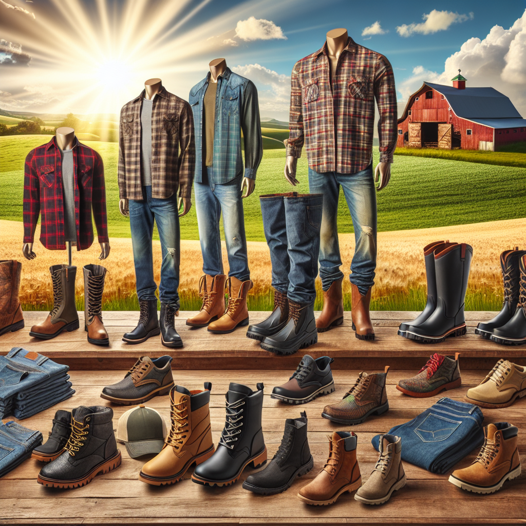 Stunning Outfit Ideas: Best Shoes for a Farm Visit Showcase a vast collection of footwear appropriate for a farm visit. The boots should be sturdy, waterproof, and stylish, suitable for both men and women of different descents like Caucasian, Hispanic, and Black. Focus on the collaboration of practicality and fashion. Display each footwear with various outfit ideas including jeans, shorts, and khakis along with some colorful flannel shirts, vests, and hats. The background of the image should ideally recreate a picturesque farm landscape during a radiant yet cloud-dappled afternoon. In the distance, a well-kept barn should be seen, adding to the rustic charm.