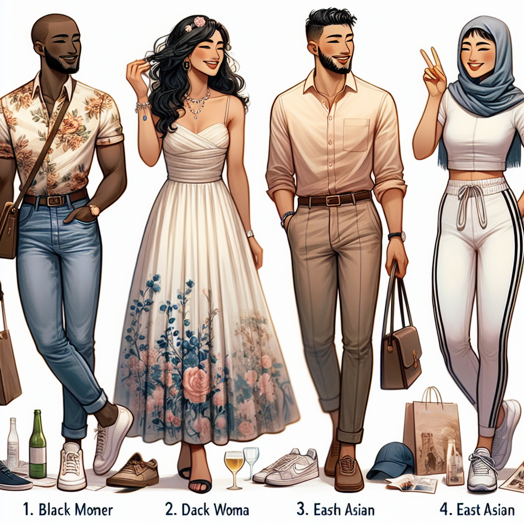 What Men Love: Stunning First Date Outfits A detailed depiction of four different first date outfits that could be appreciated by men. The first is a casual ensemble worn by a Black woman, consisting of a classy, comfortable pair of jeans with a floral top. The second ensemble is adorned by a Middle-Eastern woman and consists of a stylish midi dress paired with a light cardigan for an evening out. The third outfit is worn by a South Asian woman and is an elegant A-line skirt paired with a simple button-down shirt for a semi-formal setting. Lastly, an East Asian woman in chic activewear for an adventurous date. All four women wear their outfits with confidence and joy, highlighting that the ultimate goal of every outfit is to make the wearer feel comfortable and bold.