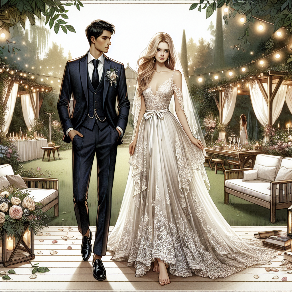 Stunning Outfits for Backyard Weddings: Effortless Elegance A beautifully illustrated scene capturing an elegant backyard wedding. In the foreground, dress in stunning outfits: a Black groom in a romantic, navy three-piece suit, a pair of cufflinks gleaming in the sun, and a Caucasian bride donning an effortlessly elegant flowy white dress adorned with intricate lace patterns. In the background, a stunning setup filled with soft lights, rustic wooden furnitures and verdant greenery serenely await. Petals of roses are strewn on the ground, adding to the gentle and homey ambiance.