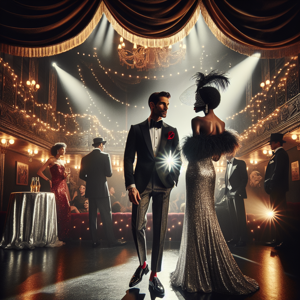 Visualize a scene from a vibrant Broadway-themed party. The environment is filled with atmospheric stage curtains and old-style theater lighting. Show a man and a woman conversing, both elegantly dressed. The man, of Middle-Eastern descent, centers his outfit around a luxurious classic tuxe suit, with a red silk pocket square and shiny patent leather oxfords. The woman, of Black descent, wears a long, glamourous silver-glittered evening gown with a feathered headpiece. The overall ambiance is filled with energy, signs of laughter, and subtle conversations, representing the spirit of Broadway.