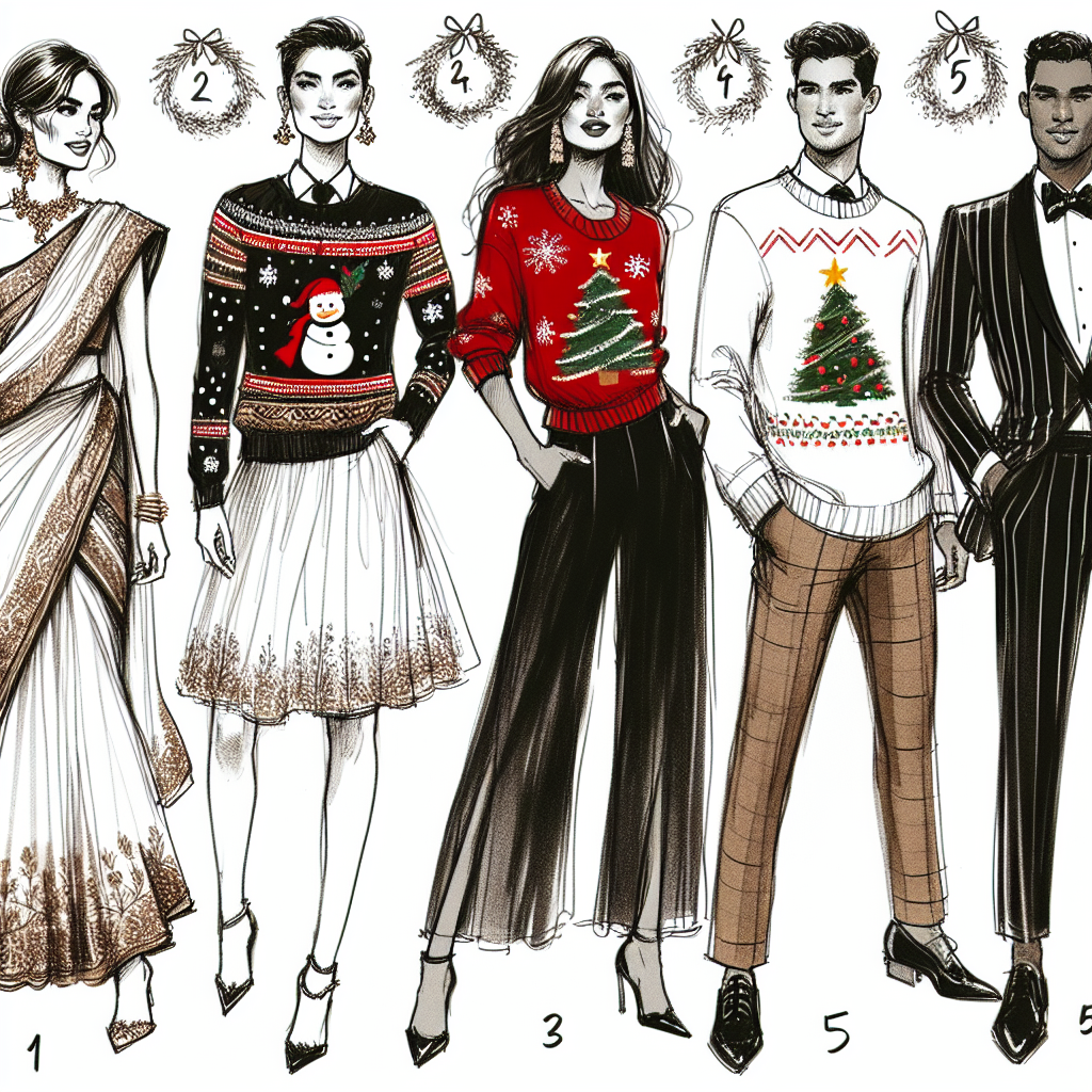 Effortless Outfits for Christmas Parties - Must-Have Styles! Sketch five visuals of unique holiday attire styles for Christmas parties for diverse individuals. Visual 1: A South-Asian woman in a traditional saree with a festive twist. Visual 2: A Caucasian male donning a classic Christmas sweater. Visual 3: A Hispanic woman in a chic winter cocktail dress. Visual 4: A Middle-Eastern man in a modern tuxedo with a Christmas-themed bow tie. Visual 5: A Black woman wearing a glamorous velvet jumpsuit. Capture the flavor of celebration while keeping each outfit effortless and stylish.