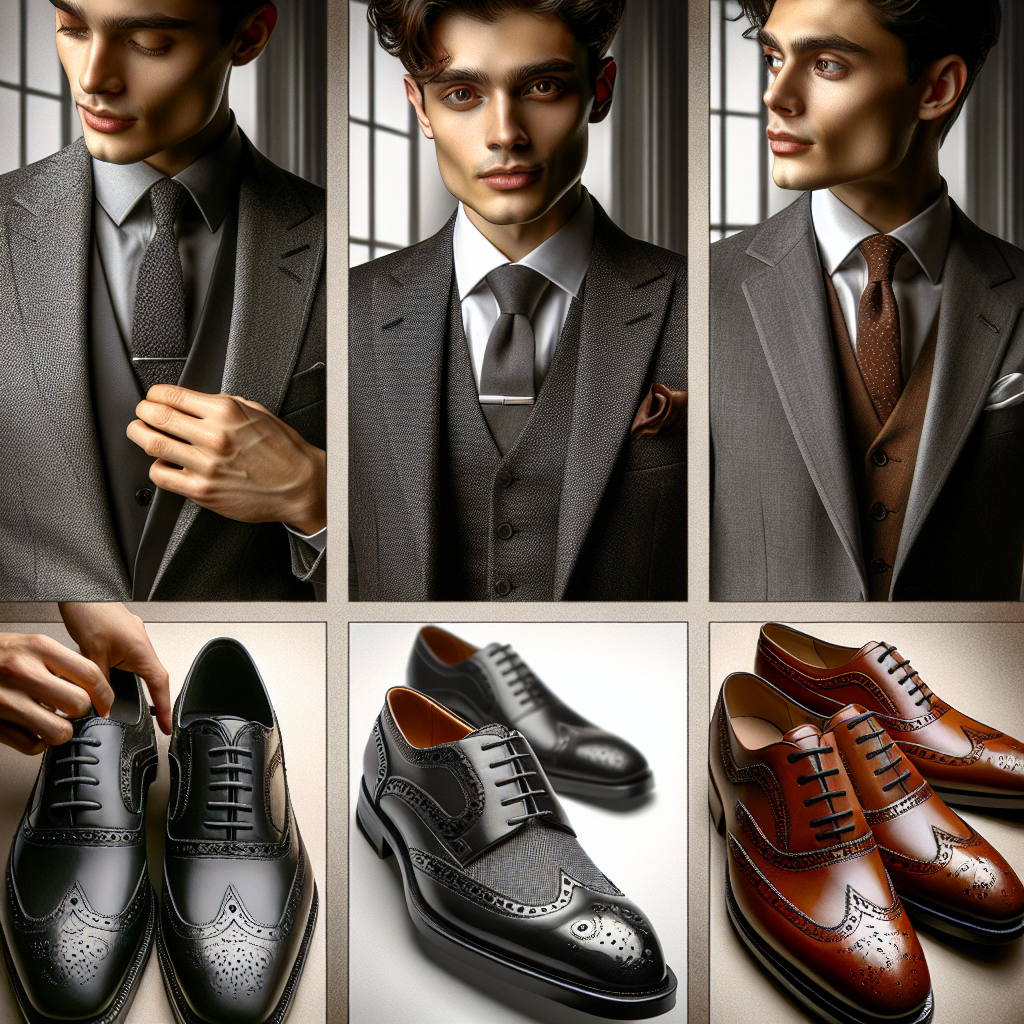 Stunning Shoe Pairings for Grey Suits: Must-Have Guide A detailed guide showcasing a variety of stunning shoe pairings for grey suits. The first image illustrates a polished black Oxford shoe, juxtaposed against a light grey suit. The second image highlights a rich brown brogue shoe complementing a charcoal grey suit. Each image emphasises the shoe's intricate detailing, luxurious texture, and the overall harmony of the ensemble. A friendly, East Asian stylist meticulously pairs each shoe with the suit, while a South Asian man models them. Their expressions of confidence and satisfaction reflect the magnitude of the perfect pairings.