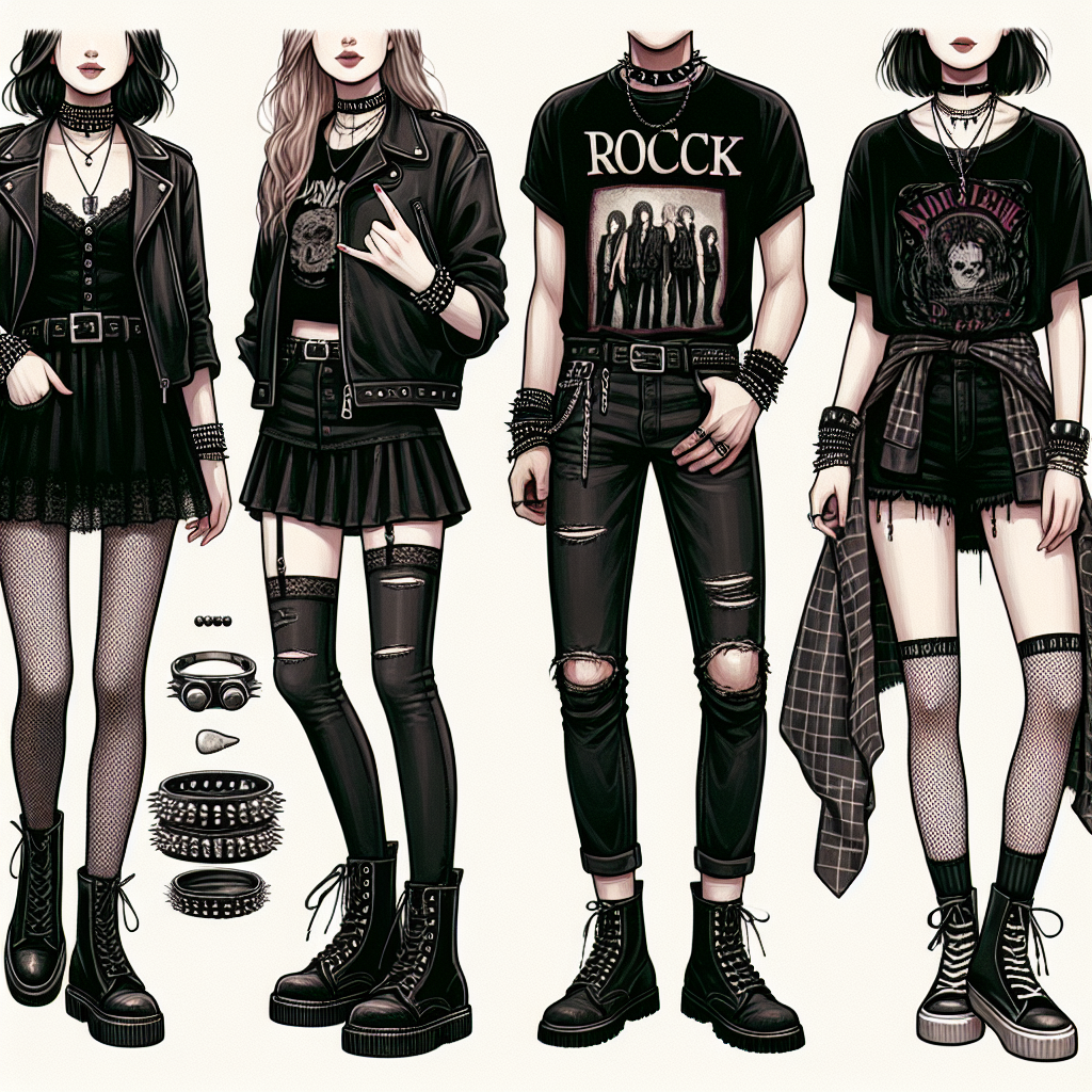Visualize a fashion guide for rocking concert outfits showcasing effortless style. The image features three individuals exhibiting different rock-inspired outfits. The first person is a Caucasian female in a black leather jacket, ripped denim jeans, and combat boots. The second person is a Black male sporting a classic band t-shirt, black skinny jeans, and chunky black boots. The third person is an Asian female donning a grungy plaid shirt, black shorts, and high top sneakers. Accessories like studded bracelets, laced chokers, and aviator sunglasses enhance their outfits while showing their unique styles.