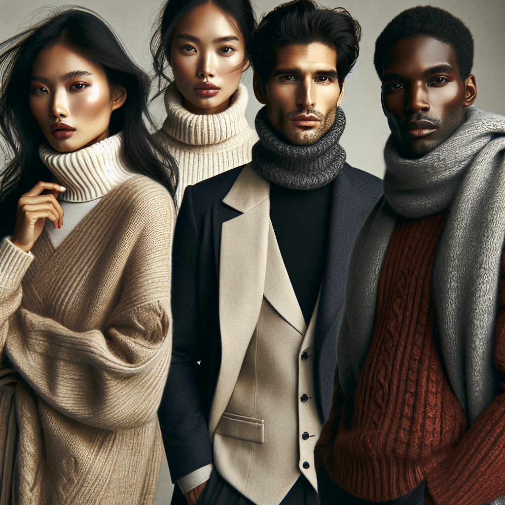 Showcase a variety of must-have layering styles over a turtleneck. Show a South Asian woman wearing an oversized cardigan over a beige turtleneck; an Caucasian man wearing a navy blue blazer over a white turtleneck; a Hispanic woman wearing a chunky scarf with a red turtleneck and a black Middle-Eastern man donning a grey waistcoat over a dark turtleneck. Make sure each individual is fashionable and exudes flair. The image should evoke a sense of warmth, class, and fashion-forward charm.
