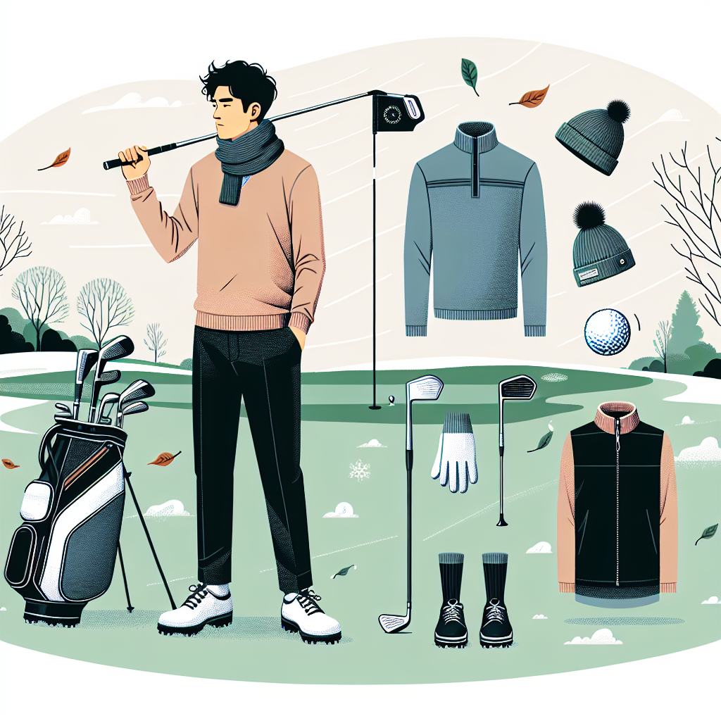 Essential Guide: What to Wear on a Cold Golf Day An illustration of a practical guide on what to wear on a cold golf day. The image should depict an Asian male golfer styling winter gear including a thermal golf shirt, warm pants, windproof jacket, and earmuffs. He's holding a golf club and preparing for a swing. A golf bag with various clubs stands near him. Around him, the golf course is visible with trimmed grass and snow patches, along with a flagstick in the distance. A chilly wind is discernible in the image, with leaves flitting around, emphasizing the cold weather. On the top right corner, overlay a title text that says 'Essential Guide: What to Wear on a Cold Golf Day'.