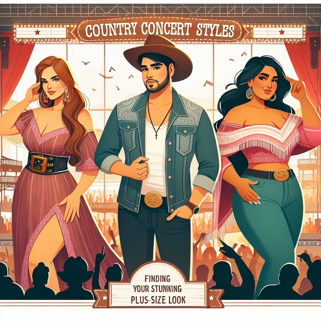 Illustrate an article header for the theme 'Country Concert Styles: Finding Your Stunning Plus-Size Look'. The image should feature three individuals of diverse descent such as a Middle-Eastern woman, a Hispanic man, and a South Asian woman. They should be styled in fashionable plus-size country outfits. The background should depict a country concert setting with elements such as a stage, musical instruments, and crowds.
