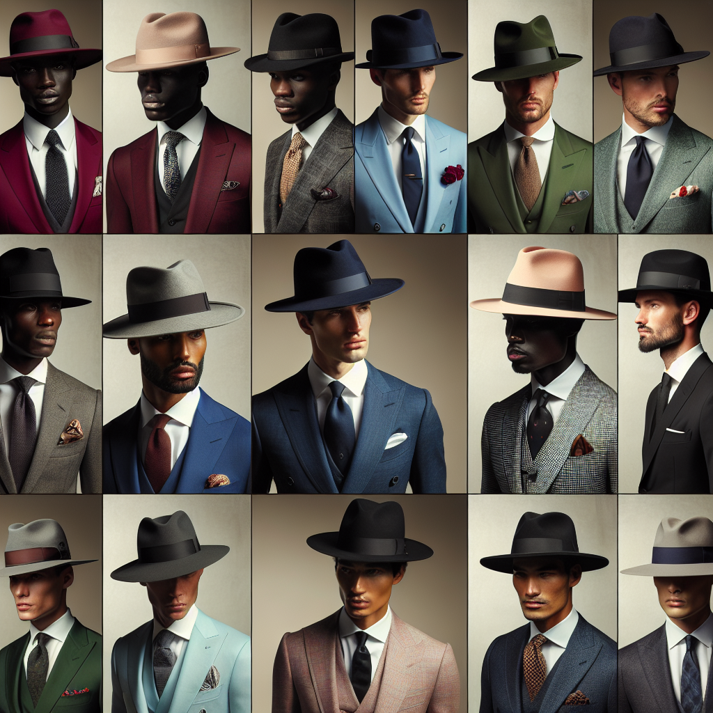 Must-Have Hats for Suit Enthusiasts: Style & Fit Showcase a variety of elegant hats, perfectly matching with dapper suits for enthusiasts who appreciate class and style. Display styles like fedoras, bowlers, and Panama hats. Each hat should be complemented by a matching suit, varying in colours from classic black to vibrant shades. Showcase four men: a black man with a burgundy suit, a Caucasian man in a navy-blue suit, a Hispanic man in a pastel green suit and a South Asian man in a classic black suit, each elegantly presenting the synergy of their carefully selected hat and suit. The emphasis should be on the fit and the aesthetic charm each combination brings.