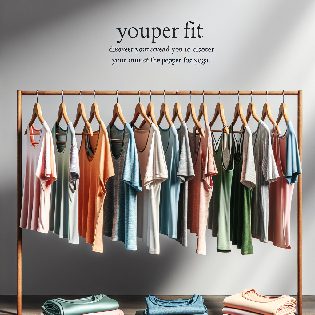 Best Shirts for Yoga: Discover Your Must-Have Fit A collection of various yoga shirts hung on a wooden rack against a serene, minimalist background. The shirts range in style, including loose tank tops, form-fitting short sleeves, and breathable long sleeves. Each shirt embodies a touch of vibrant color (soft pinks, ocean blues, leafy greens, and sunshine yellows) and is made of high-quality, stretchable fabric. Mingling with the shirts are calming yoga tips for choosing the proper fit, displayed as overlaying text. The tone of the image should be light-hearted but informative, inviting everyone, regardless of gender, ethnicity, or size, to discover their must-have fit for yoga.