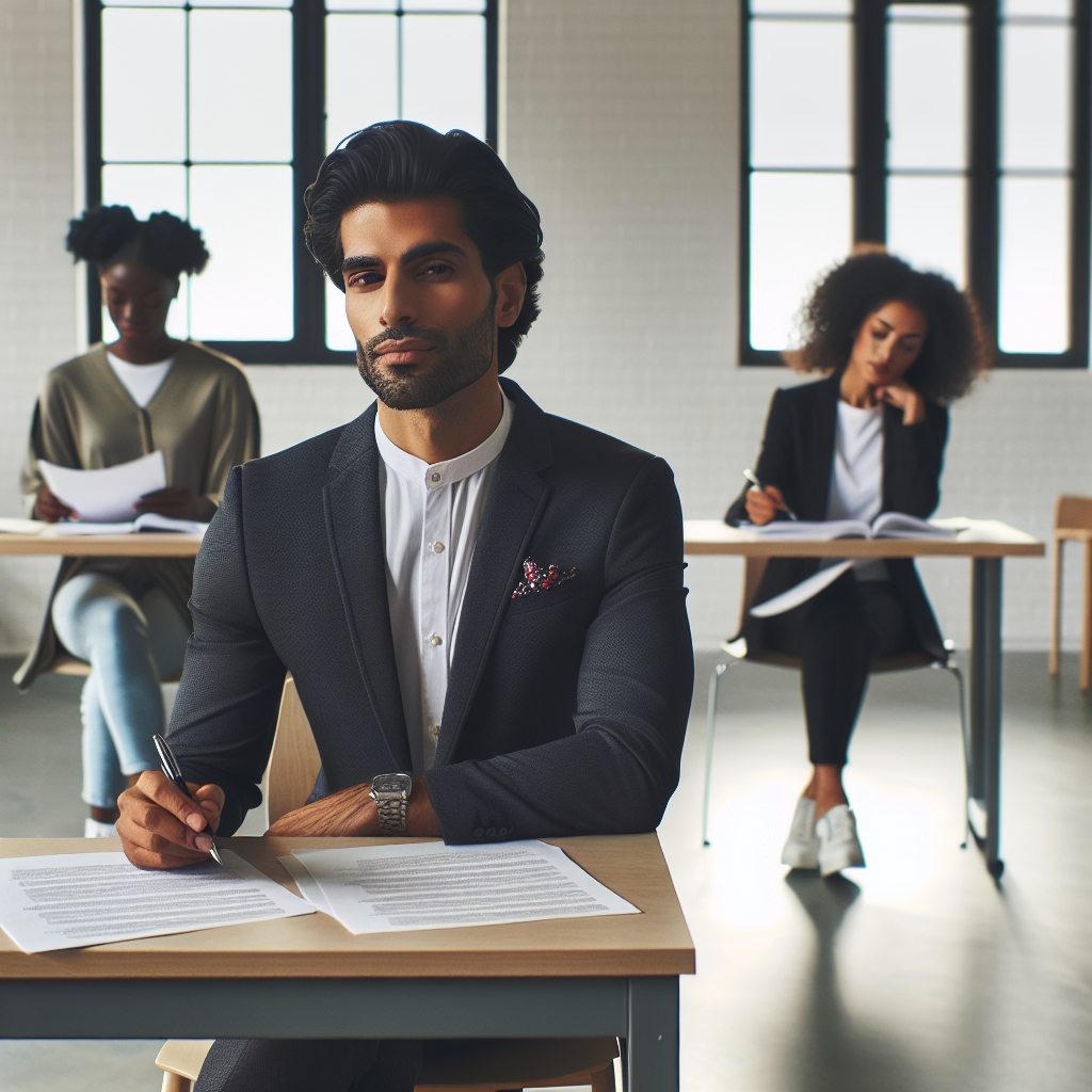 An educational setting where a diverse group of individuals are studying and preparing for a citizenship interview. A Middle-Eastern man confidently practices answering questions, with his neatly organized notes on the wooden table before him. Across the room, a Black woman rehearses her interview while serving a graceful look in a sophisticated attire, her hair styled into a chic bun. In another corner, a Hispanic woman is perfecting her answers, her outfit leaving an impression of effortless style and poise. A calm, focused atmosphere encompasses the scene, indicative of both preparation and quiet confidence.