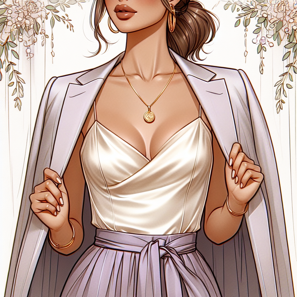 Illustrate an elegant fashion ensemble for a wedding event, with the spotlight on stylish attire to wear underneath a blazer. The image should depict a chic silk camisole top in classic ivory paired with high-waisted palazzo pants in muted lavender. Accessories include a delicate gold pendant necklace and matching hoop earrings. The individual wearing these attire is a Hispanic female with a chic ponytail and smoky eye makeup, holding the collar of her open blazer, revealing the outfit underneath. The background should indicate the festive ambiance of a wedding, perhaps showing a delicately draped garland of flowers.