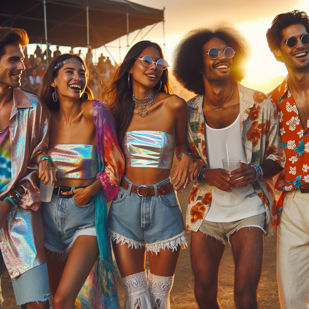 Stunning Festival Outfits for Your Next Concert Imagine a lively music festival scene as the sun sets. A group of friends, each of diverse descents, is showing off their trendy festival outfits. To the left, a Caucasian woman in a shimmering holographic two-piece set is laughing while a South Asian man in a tie-dye shirt and denim shorts is sharing a joke with a Middle-Eastern woman in a bohemian maxi dress. To the right, an African-American man in a vibrant Hawaiian shirt and white linen pants is dancing with a Hispanic woman in a floral jumpsuit. They all embody the spirit and energy of concert-goers, eager for an unforgettable night of music and celebration.