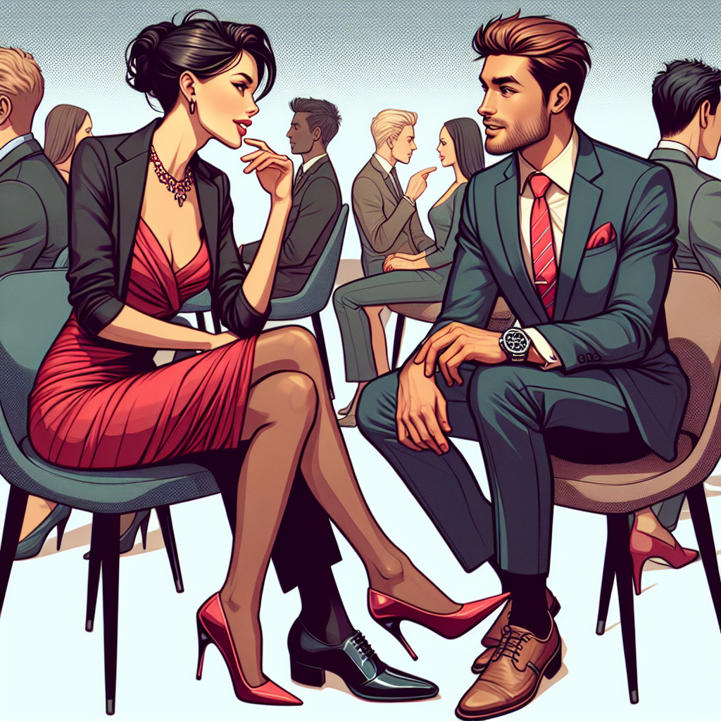 What to Wear to Speed Dating: Must-Have Styles! Picture an exciting speed dating event. At the centre, visualize two individuals sitting opposite each other. A Caucasian man dressed in a classy dark suit with a vibrant, yet elegant tie, and a smart watch on his wrist. He is engaged in lively conversation with a Hispanic woman who is wearing a chic red cocktail dress, complimented by trendy high heels, and a statement necklace. Both individuals portray confidence and attractiveness through their chosen attires. The environment around them buzzes with energy, as similarly dressed diverse individuals interact in speedy but meaningful conversations.
