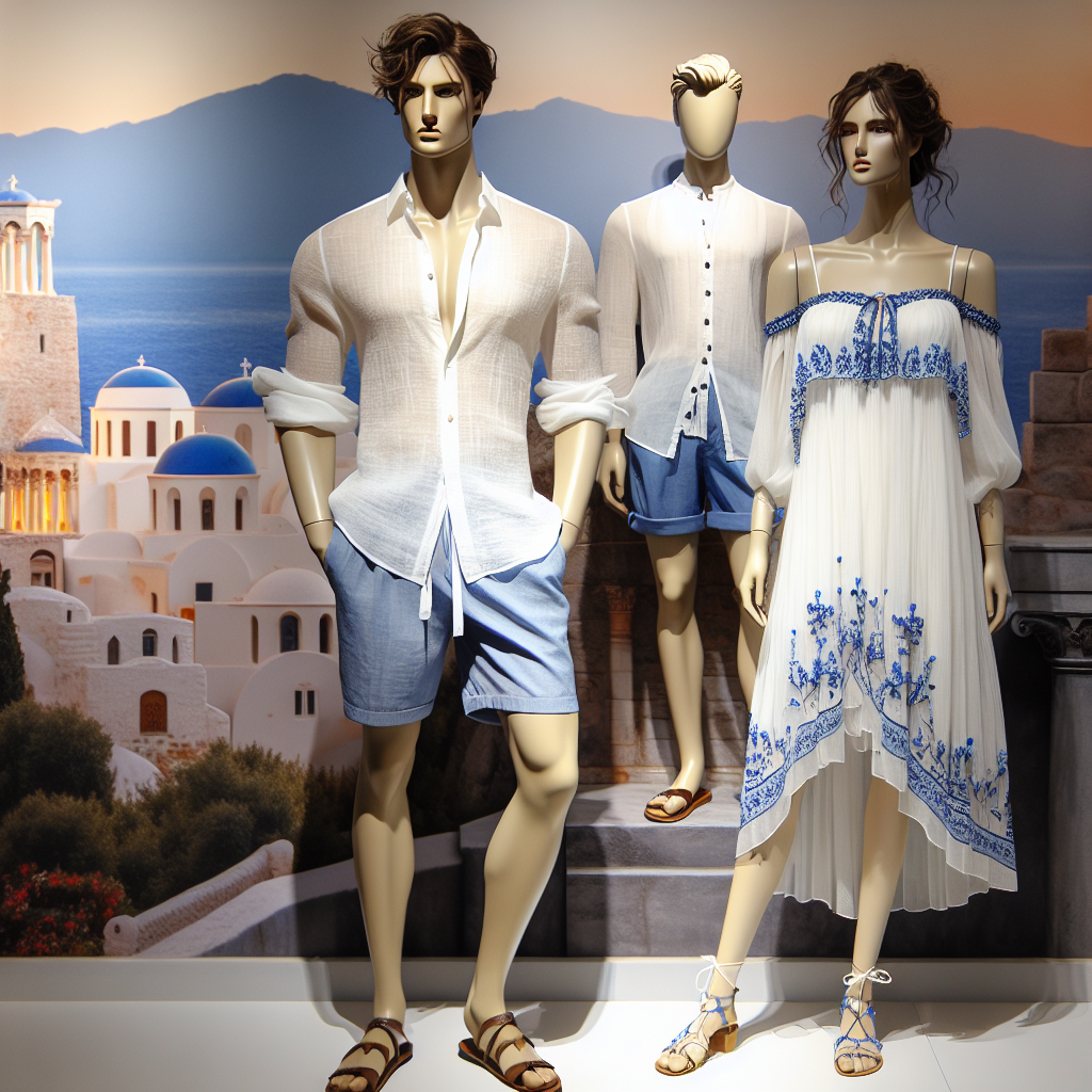 Image of an elegant and sophisticated clothing display. The outfits should echo traditional Greek fashion elements but with a modern twist, making them chic and stylish. Include an ensemble for a male figure with olive skin, featuring a linen white shirt and breezy blue shorts. Next to it, a female figure of Mediterranean descent should be adorned in a flowy, white sundress with blue embellishments, reminiscent of the Greek flag colors. The backdrop of the scene may incorporate iconic Greek architecture or landscapes to set the scene without making it look overly touristy.