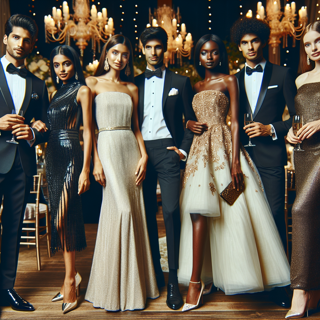 Stunning Wedding Reception Outfits: Find Your Perfect Match! Visualize a vibrant scene at a wedding reception. Focus on the abundance of gorgeous wedding reception outfits, including glossy gowns and sharp tuxedos. There are people dressed elegantly, each outfit befitting the wearer's personal style. Feature a South Asian man in a classic Sherwani and a black woman in a graceful ankle-length cocktail dress. Include a white lady in an elegant Grecian gown, a Middle-Eastern man in a formal suit, and a Hispanic woman wearing a chic, sequined dress. Capture the excitement and elegance of the occasion, with tasteful decor, soft lighting, and joyful faces all around.
