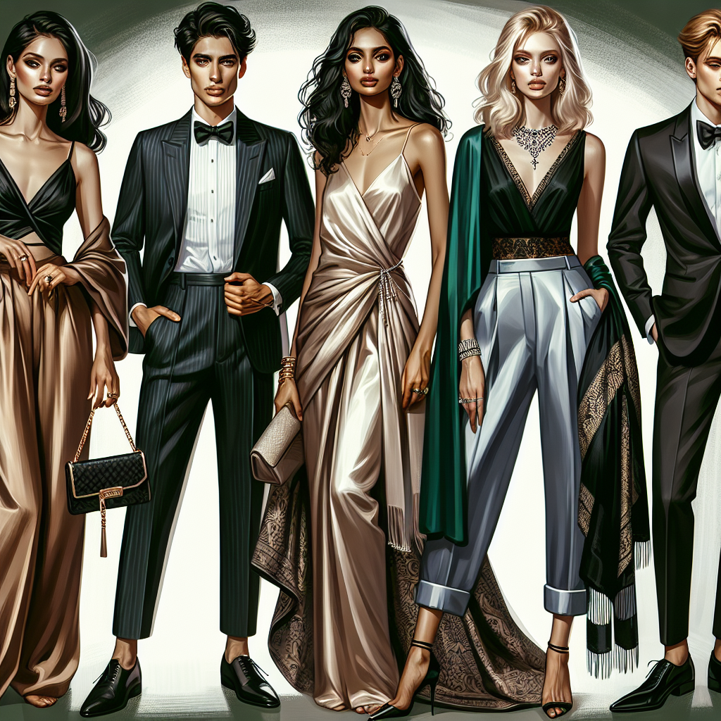 Stunning Outfits for Bar Mitzvah Guests: Effortless Style An array of stunning outfits suitable for guests attending a Bar Mitzvah, emphasizing an effortless style. The image should include a variety of clothing options, from chic and casual to formal and sophisticated. The outfits should cater to people of different genders and descents. For instance, picture a Caucasian woman in a sophisticated silk jumpsuit, a Hispanic man sporting a sharp, tailored suit, a South Asian woman wearing an elegant saree with contemporary touches, and a Black man donning a stylish tuxedo. Remember to include accessories like ties, handbags, jewelry that match these outfits.