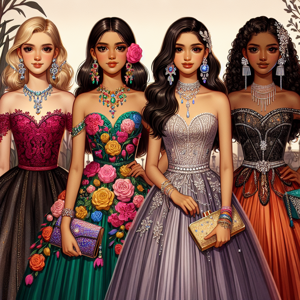 Stunning Quinceañera Guest Styles: Best Outfits Revealed Depict a collection of spectacular evening wear, acting as guest fashion at a traditional Quinceañera celebration. Showcase four individuals in the scene, each of distinct descent: one Caucasian, one Hispanic, one Black, and one Asian. Each person should be wearing a distinct style of outfit, exhibiting rich, vibrant colors, high-quality fabrics, and intricate detailing. Include various accessories such as earrings, necklaces, clutches, and high-heeled shoes. Allow the personality and unique style of each individual to shine through their outfit choices. Make sure the scene radiates the excitement and joy of the Quinceañera celebration.